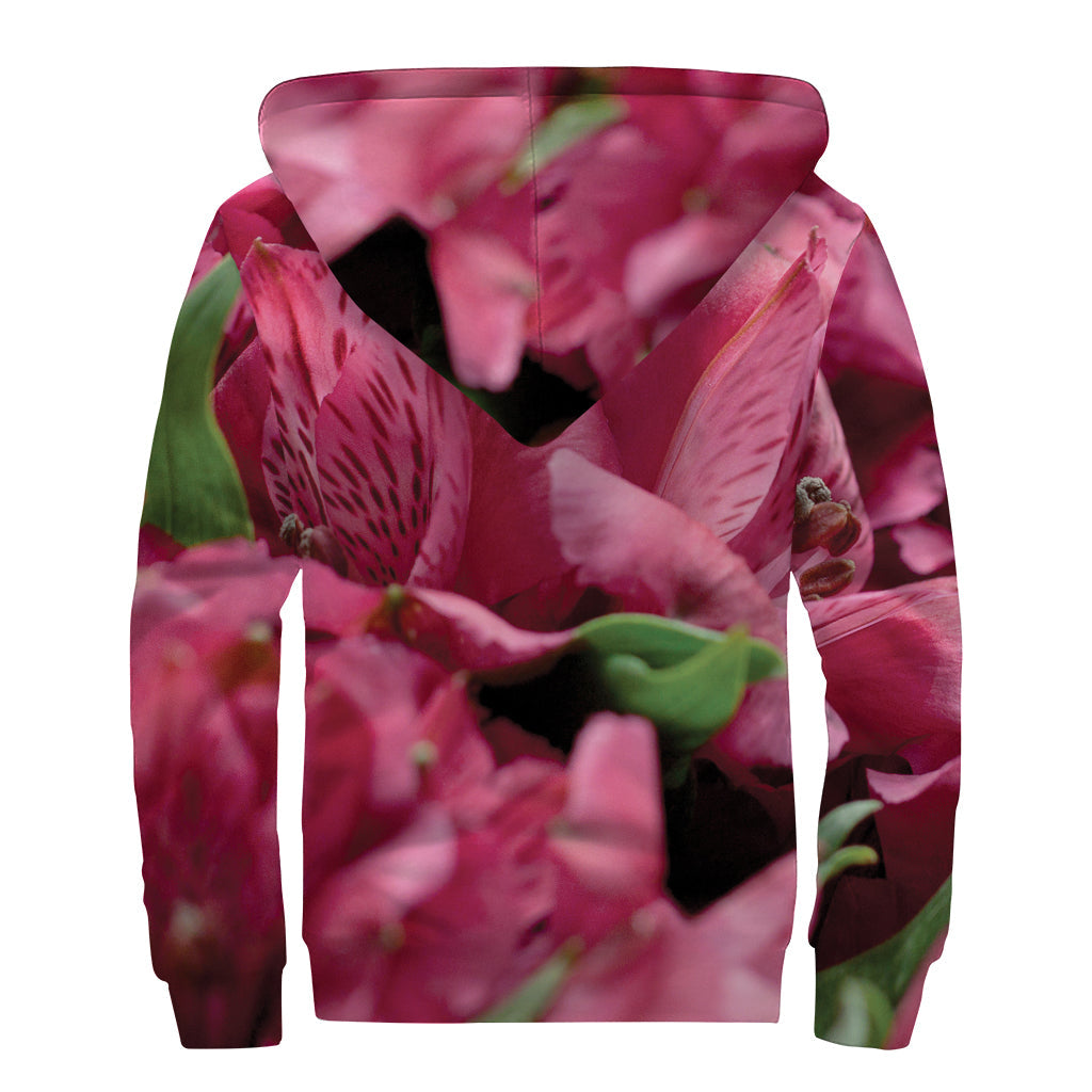 Burgundy Alstroemeria Print Sherpa Lined Zip Up Hoodie for Free-Spirited Hippies - 2