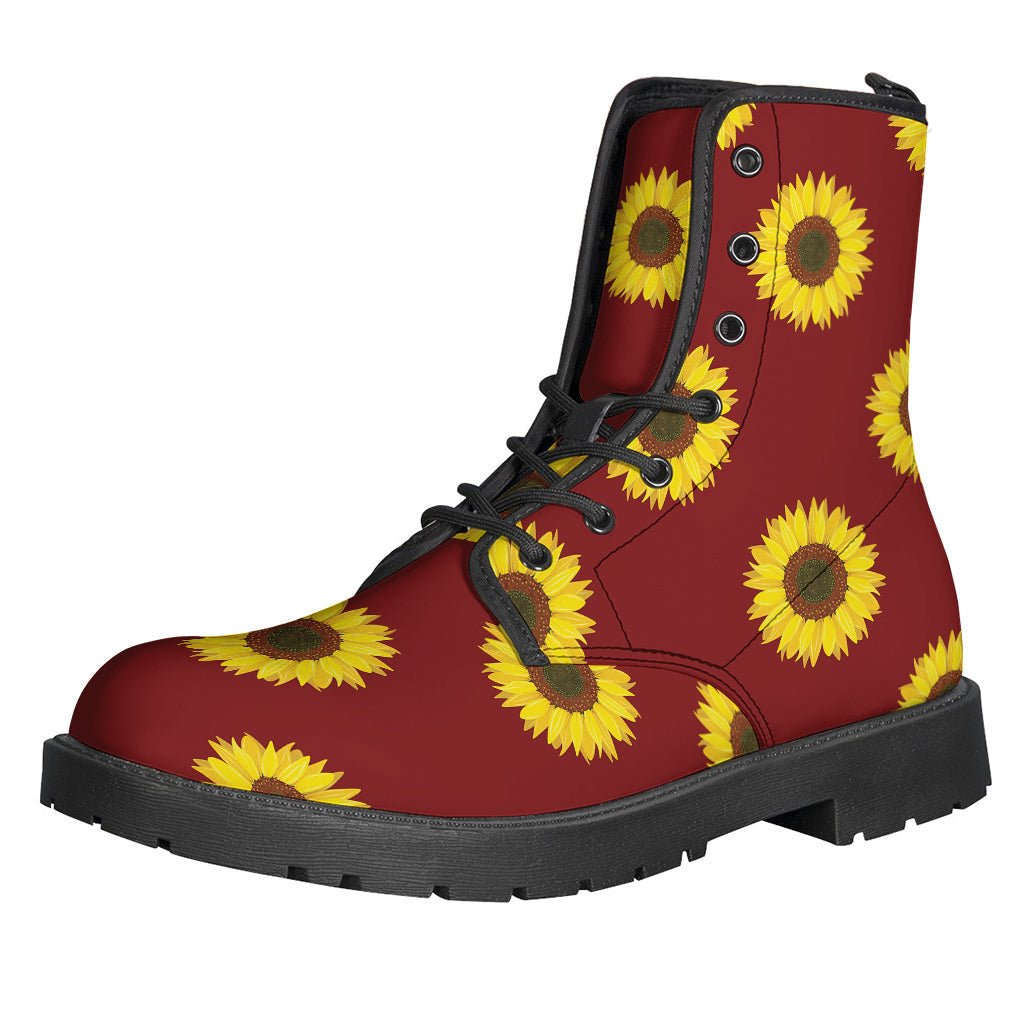 Burgundy Sunflower Pattern Leather Boots: Walk Like a Hippie in Style - 1