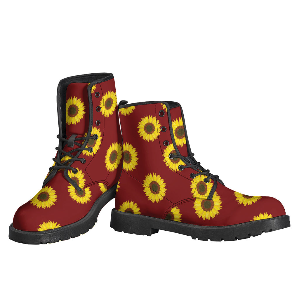 Burgundy Sunflower Pattern Leather Boots: Walk Like a Hippie in Style - 3