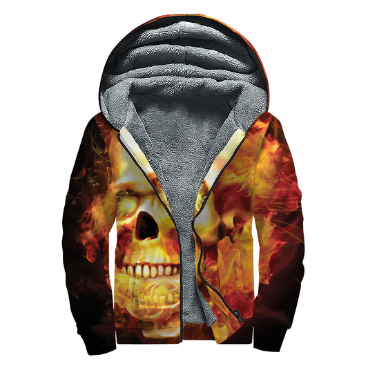 Burning Skull Print Sherpa Lined Zip Up Hoodie for Groovy Hippies - 1