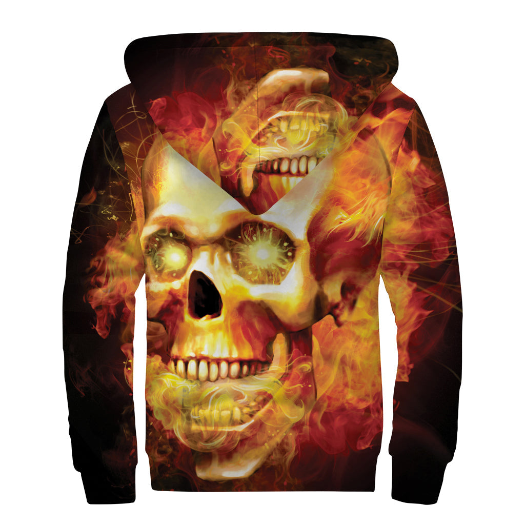 Burning Skull Print Sherpa Lined Zip Up Hoodie for Groovy Hippies - 2