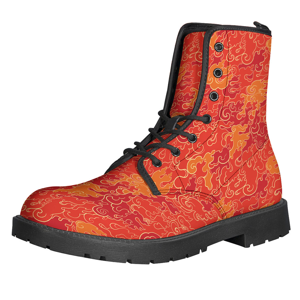 Burning Japanese Flame Print Leather Boots for the Free-Spirited Hippie - 1