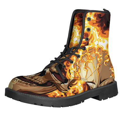 Burning Skull Print Leather Boots: Embrace Your Inner Hippie Style - 1