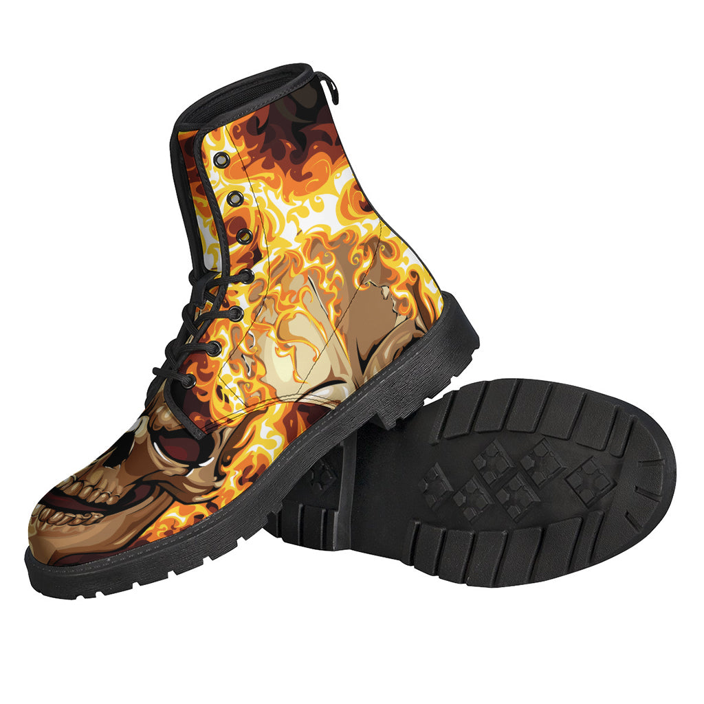 Burning Skull Print Leather Boots: Embrace Your Inner Hippie Style - 2