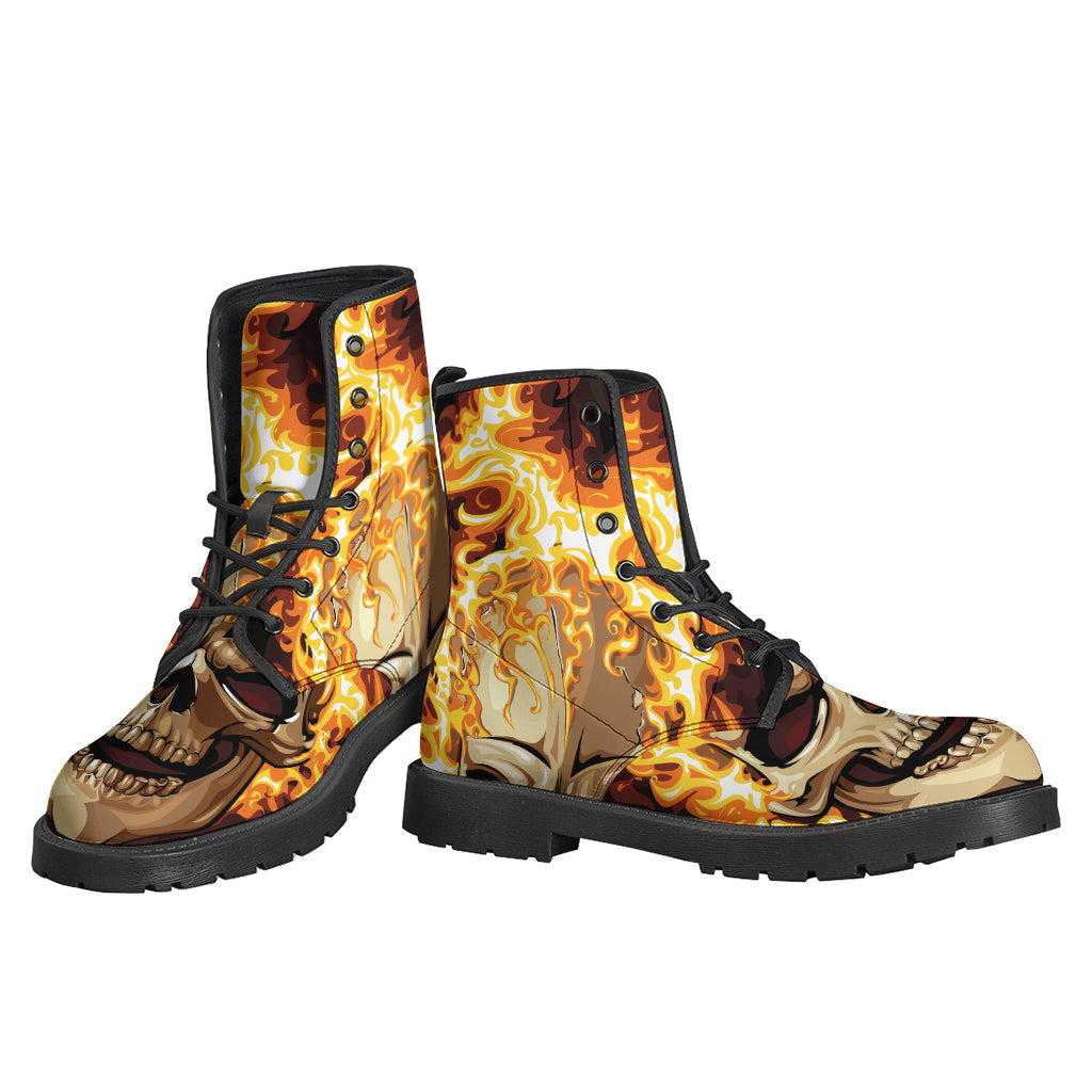 Burning Skull Print Leather Boots: Embrace Your Inner Hippie Style - 3