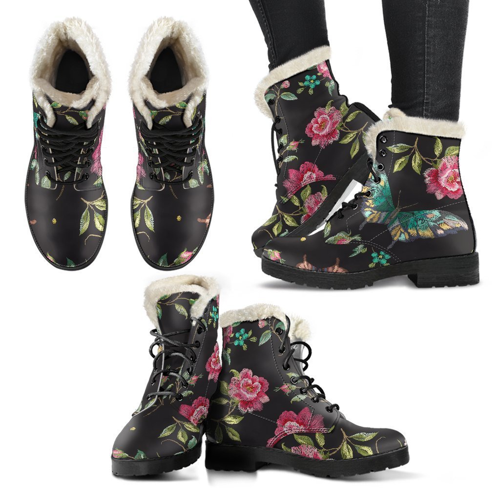 Groovy Butterfly and Flower Pattern Faux Fur Leather Boots for Hippie Souls - 2