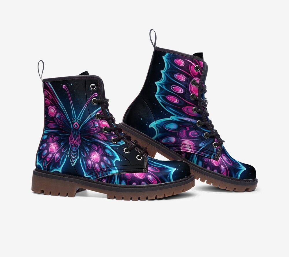 Emerald Blossoms - Butterfly Combat Boots, Neon Glowing For Hippies