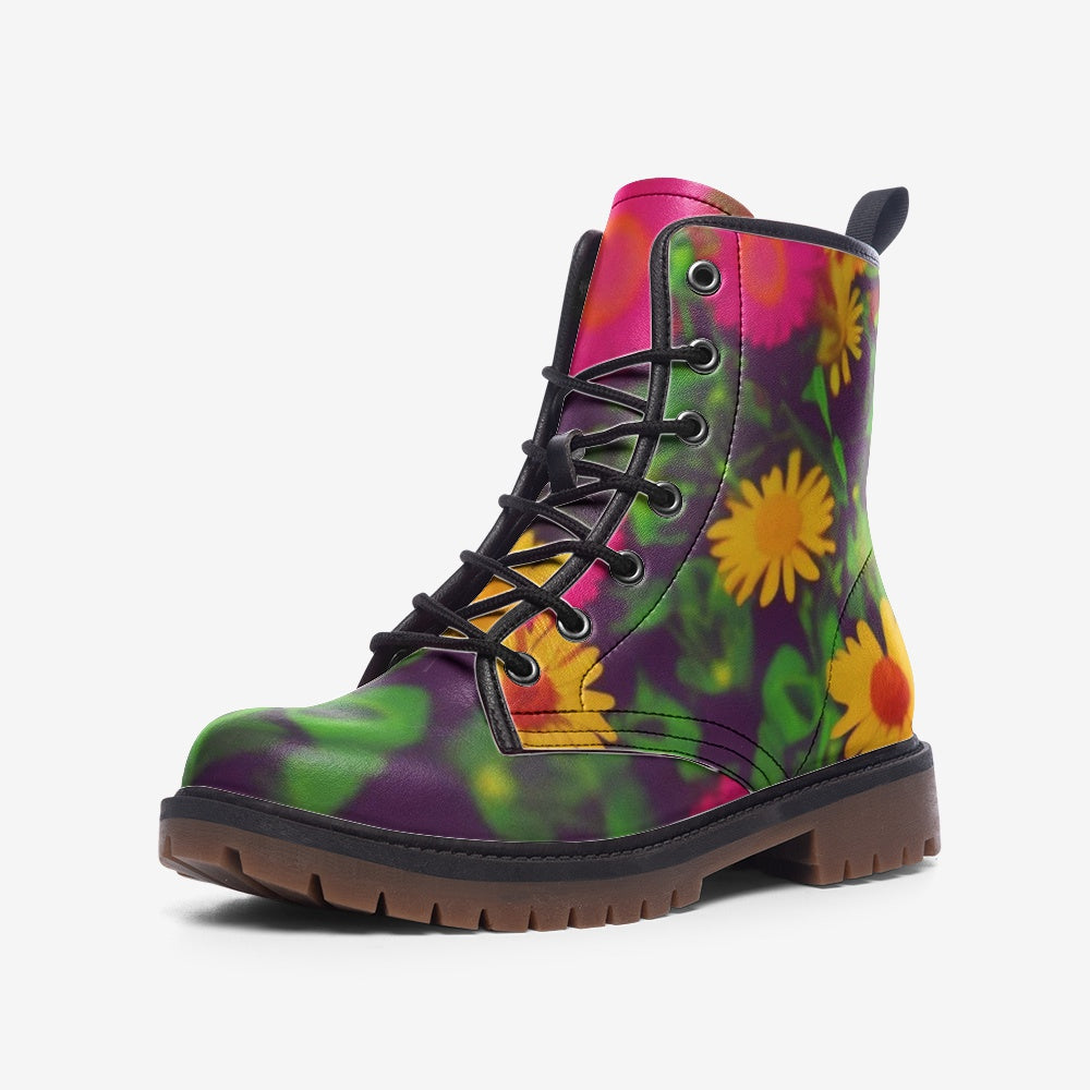 Emerald Blossoms - Yellow Daisy Flowers on Leather Lightweight Boots for Hippies