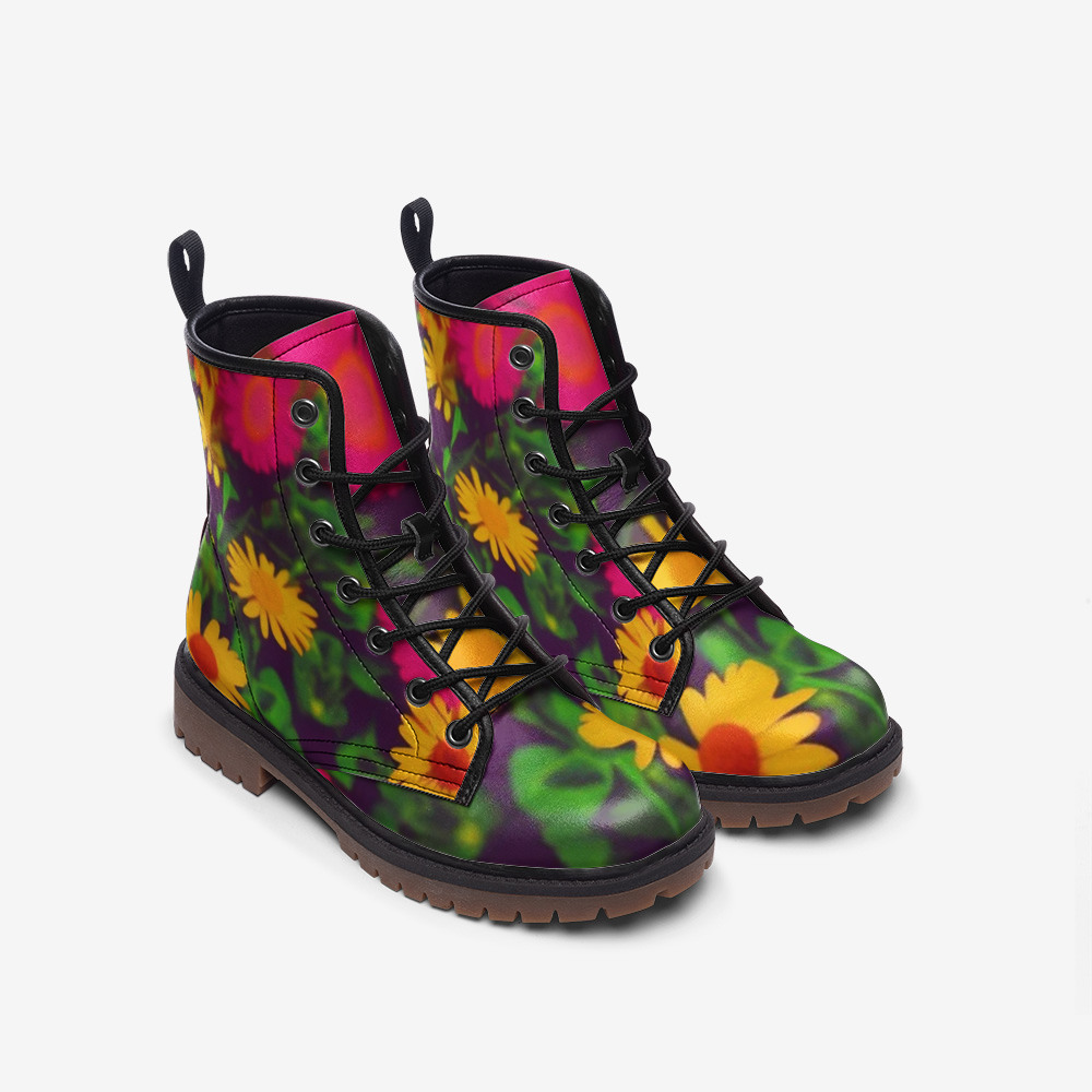 Emerald Blossoms - Yellow Daisy Flowers on Leather Lightweight Boots for Hippies