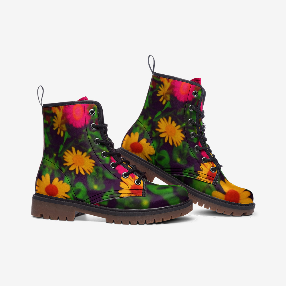 Emerald Blossoms - Yellow Daisy Flowers on Leather Lightweight Boots for Hippies