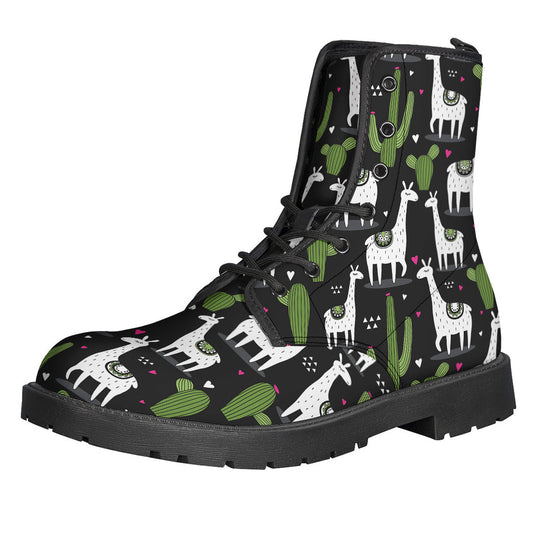 Groovy Cactus and Llama Pattern Leather Boots for Free-Spirited Hippies - 1