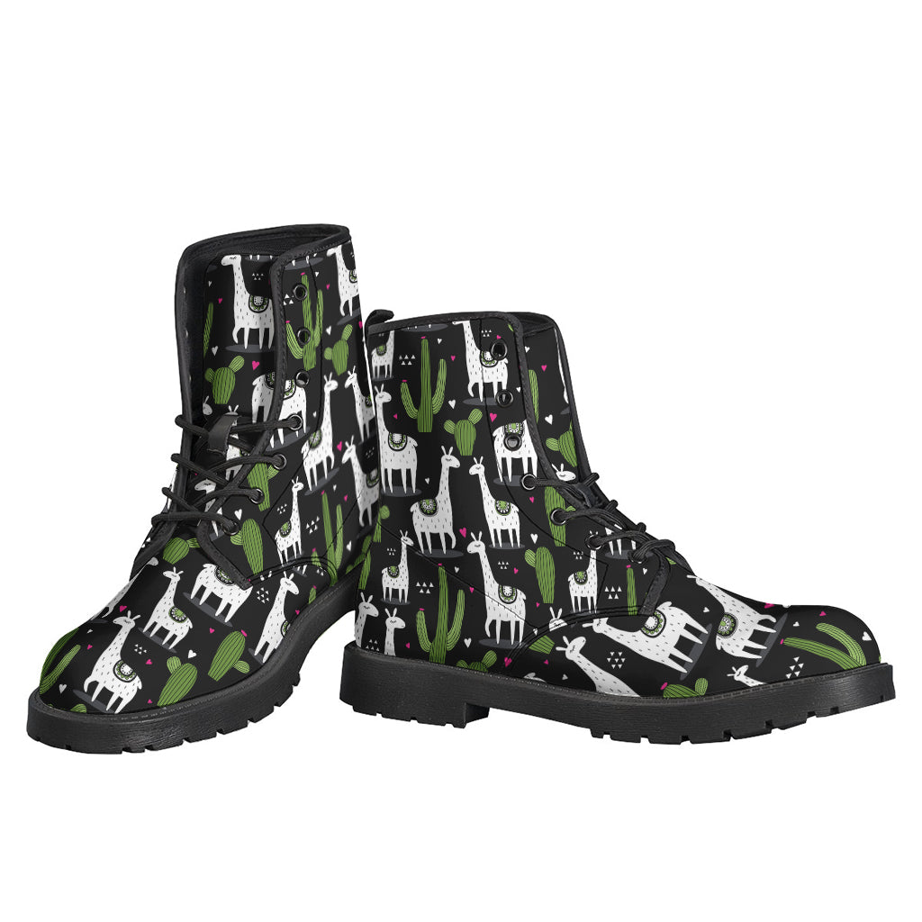 Groovy Cactus and Llama Pattern Leather Boots for Free-Spirited Hippies - 3