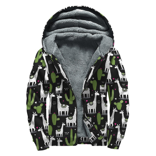 Cactus and Llama Pattern Print Sherpa Lined Zip Up Hoodie for the Free Spirited Hippie - 1