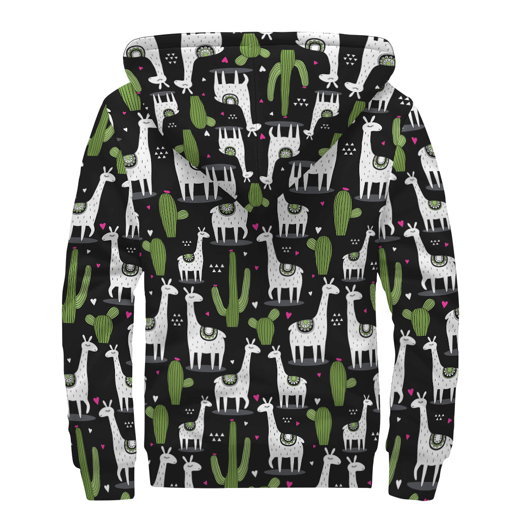 Cactus and Llama Pattern Print Sherpa Lined Zip Up Hoodie for the Free Spirited Hippie - 2