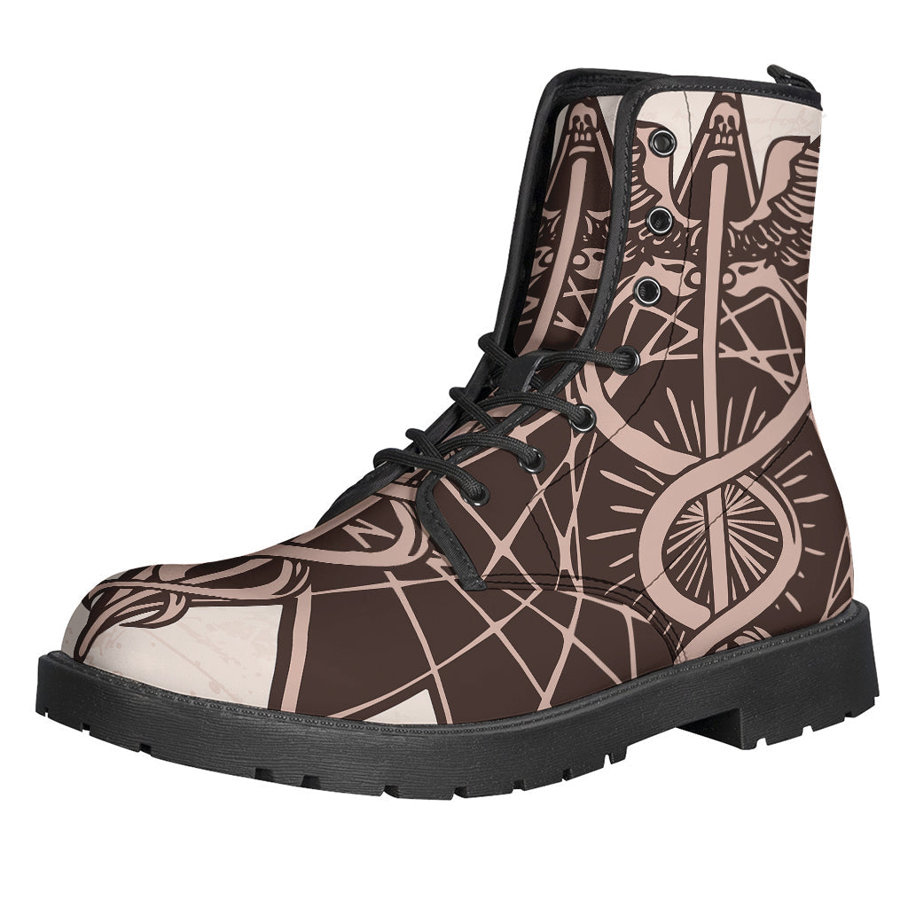 Peaceful Vibes: Hippie Leather Lightweight Boots with Caduceus Symbol Print - 1