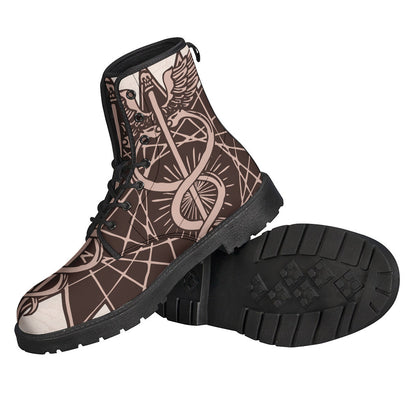 Peaceful Vibes: Hippie Leather Lightweight Boots with Caduceus Symbol Print - 2