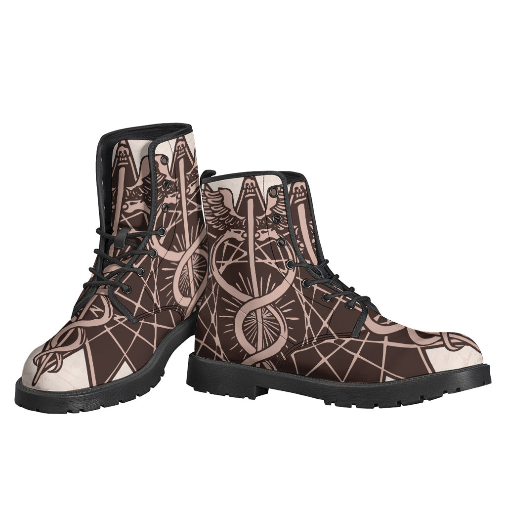 Peaceful Vibes: Hippie Leather Lightweight Boots with Caduceus Symbol Print - 3