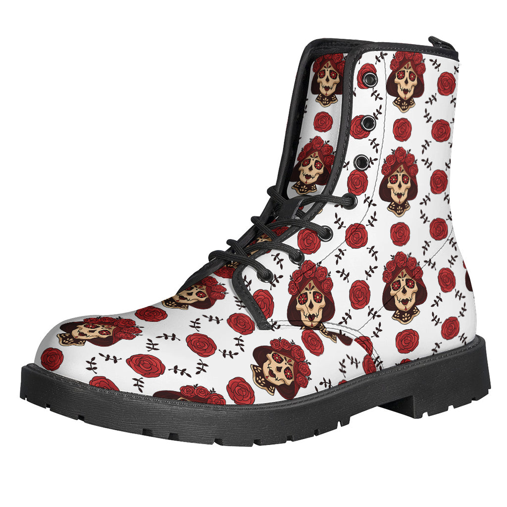 Calavera Girl Skull Pattern Print Leather Boots - Embrace Your Inner Hippie - 1