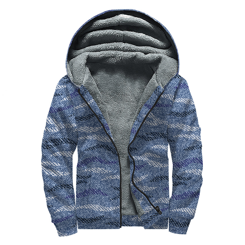 Camo Denim Jeans Pattern Print Sherpa Lined Zip Up Hoodie - Embracing the Hippie Style - 1