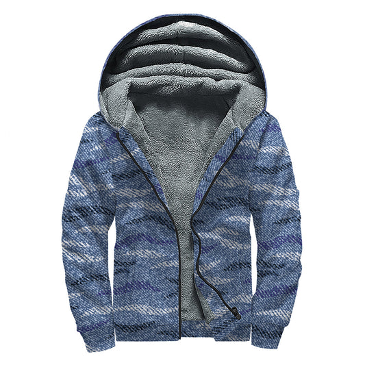 Camo Denim Jeans Pattern Print Sherpa Lined Zip Up Hoodie - Embracing the Hippie Style - 1