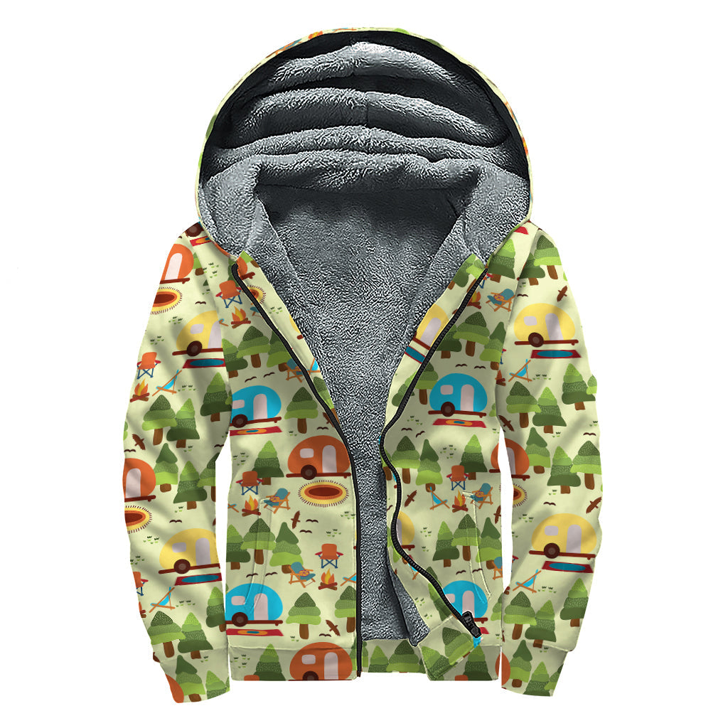 Groovy Camping Picnic Pattern Sherpa Lined Zip Up Hoodie - 1