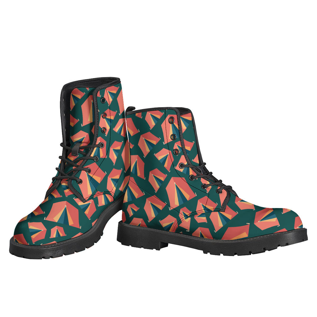 Groovy Camping Tent Pattern Print Leather Boots for Free-Spirited Hippies - 3