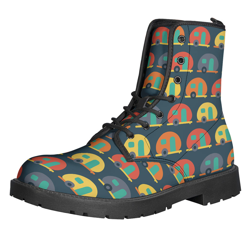 Camping Van Pattern Leather Boots: Lightweight and Stylish for Hippies - 1