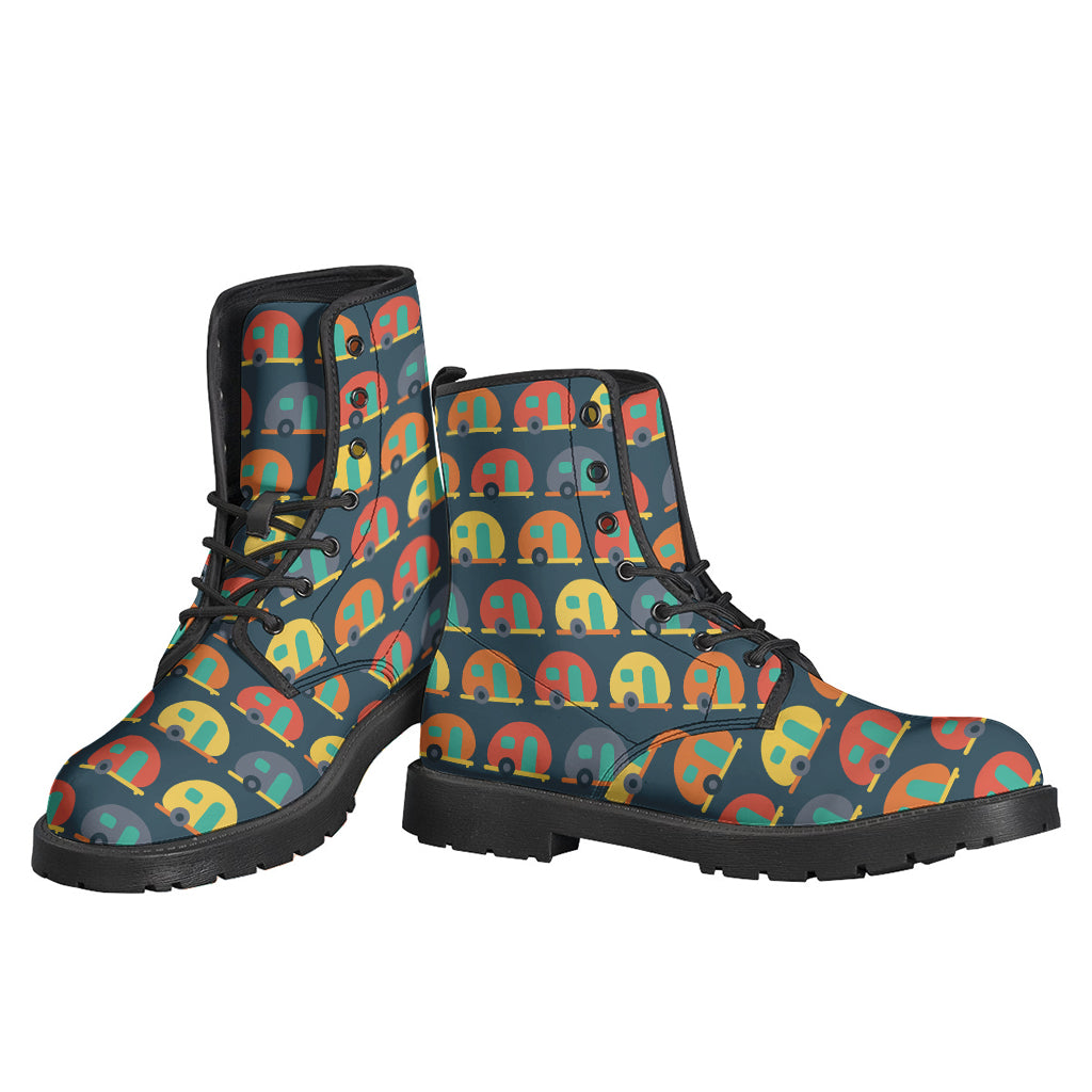 Camping Van Pattern Leather Boots: Lightweight and Stylish for Hippies - 3