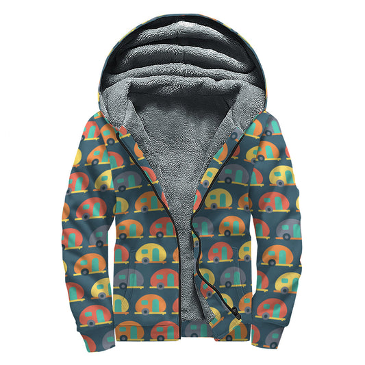 Groovy Camping Van Pattern Print Sherpa Lined Zip Up Hoodie - 1