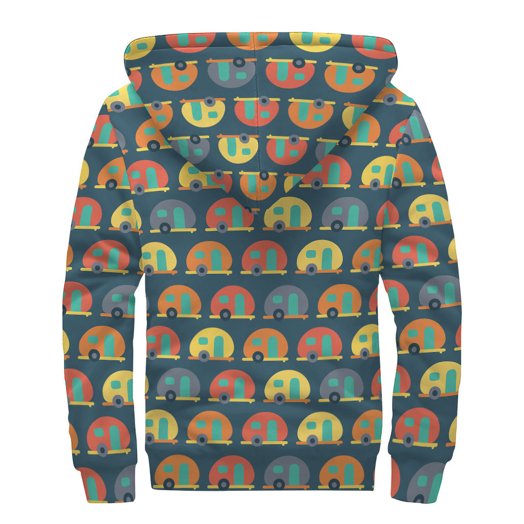 Groovy Camping Van Pattern Print Sherpa Lined Zip Up Hoodie - 2