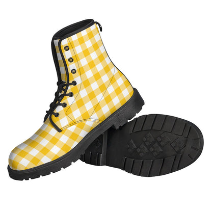 Canary Yellow and White Gingham Leather Lightweight Boots for Groovy Hippies - 2