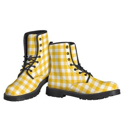 Canary Yellow and White Gingham Leather Lightweight Boots for Groovy Hippies - 3