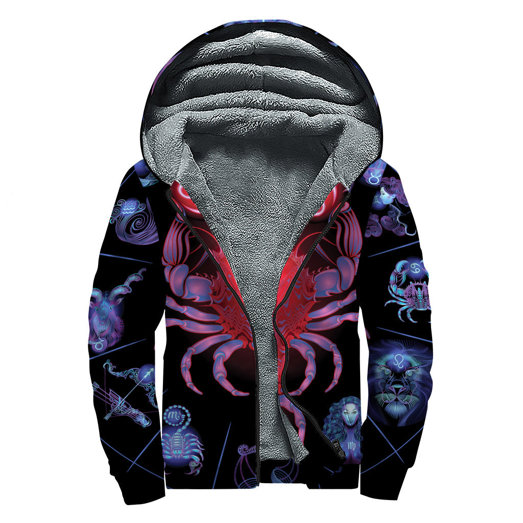 Cancer and Astrological Signs Print Sherpa Lined Zip Up Hoodie for the Groovy Hippie - 1