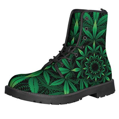 Cannabis Leaf Mandala Print Leather Boots for the Free-Spirited Hippie - 1