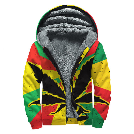 Cannabis Rasta Print Sherpa Lined Zip Up Hoodie: Embrace Your Inner Hippie - 1