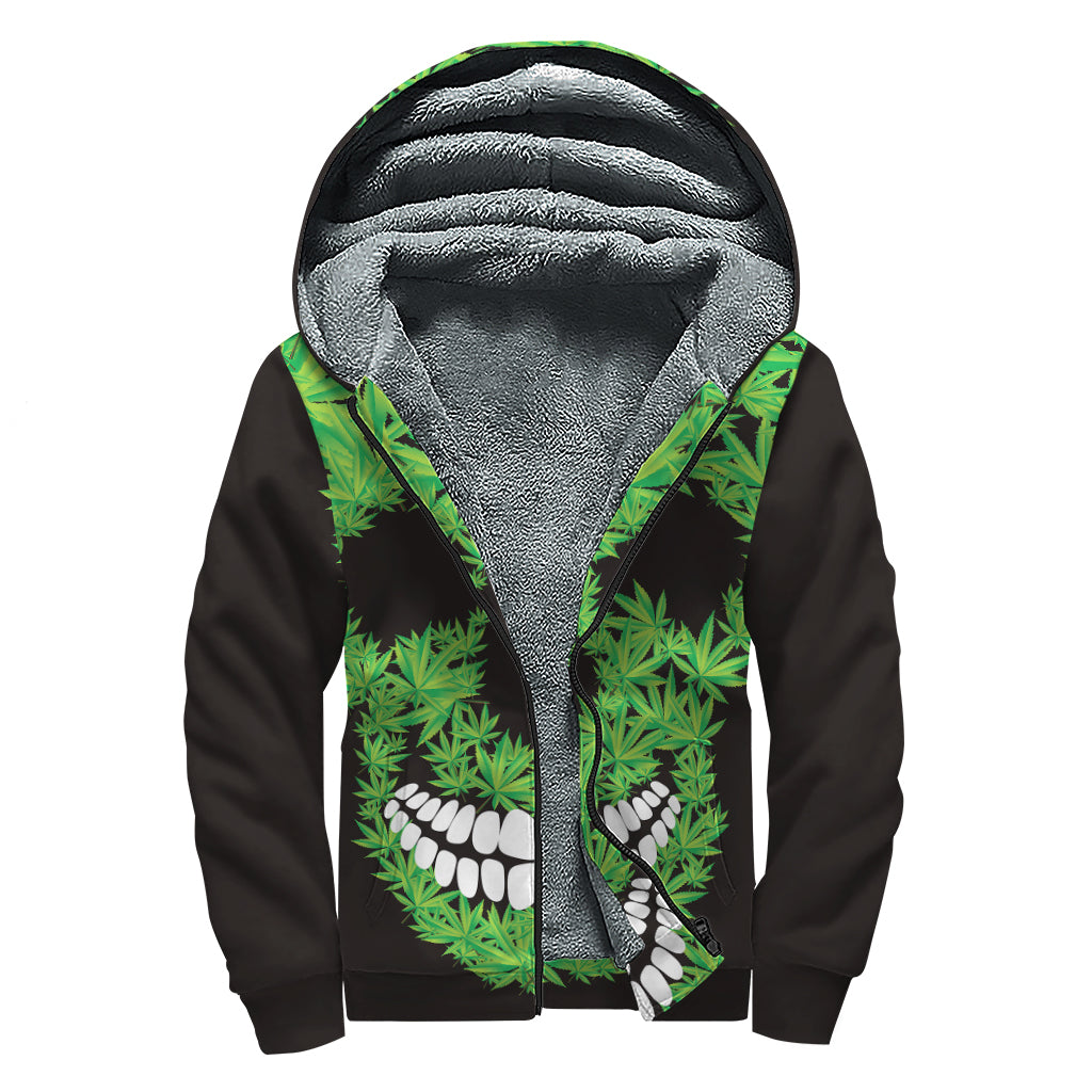 Cannabis Skull Print Sherpa Lined Zip Up Hoodie for Groovy Hippies - 1