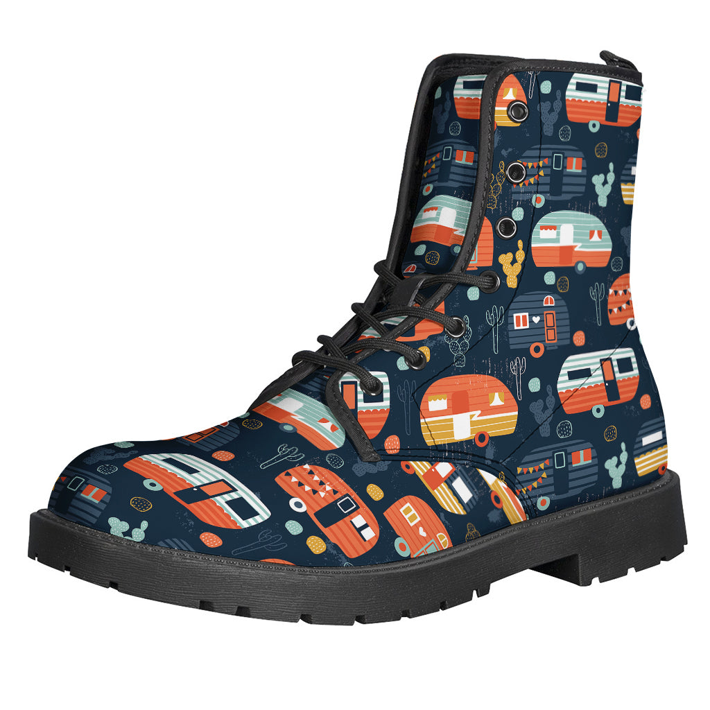 Get Groovy with Caravan Camping Pattern Print Leather Boots - 1