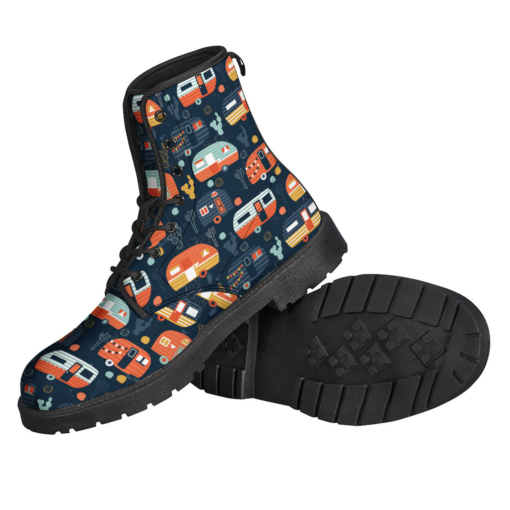 Get Groovy with Caravan Camping Pattern Print Leather Boots - 2