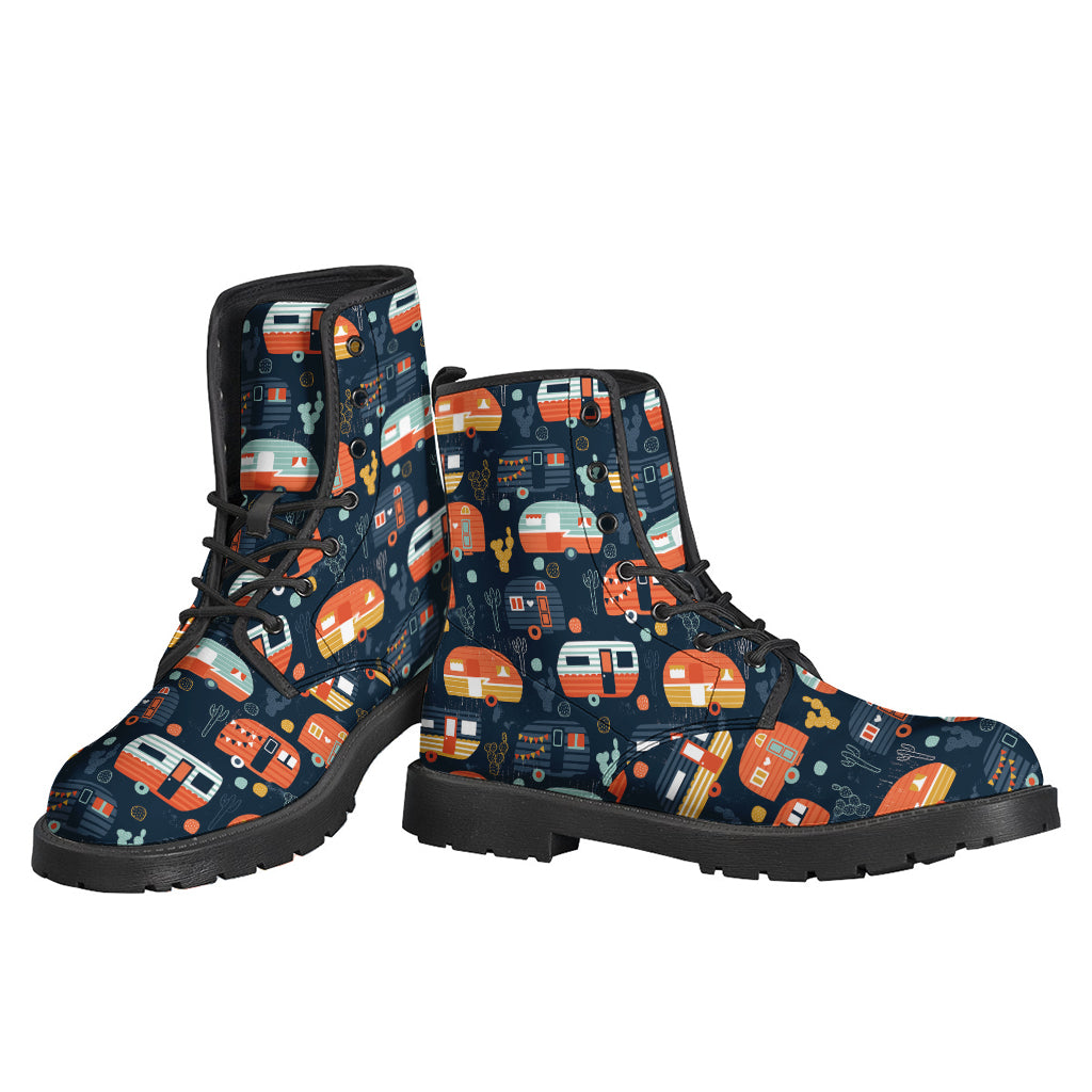 Get Groovy with Caravan Camping Pattern Print Leather Boots - 3