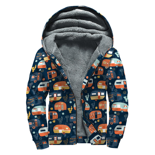 Caravan Camping Pattern Print Sherpa Lined Zip Up Hoodie: Embrace Your Inner Hippie Style - 1