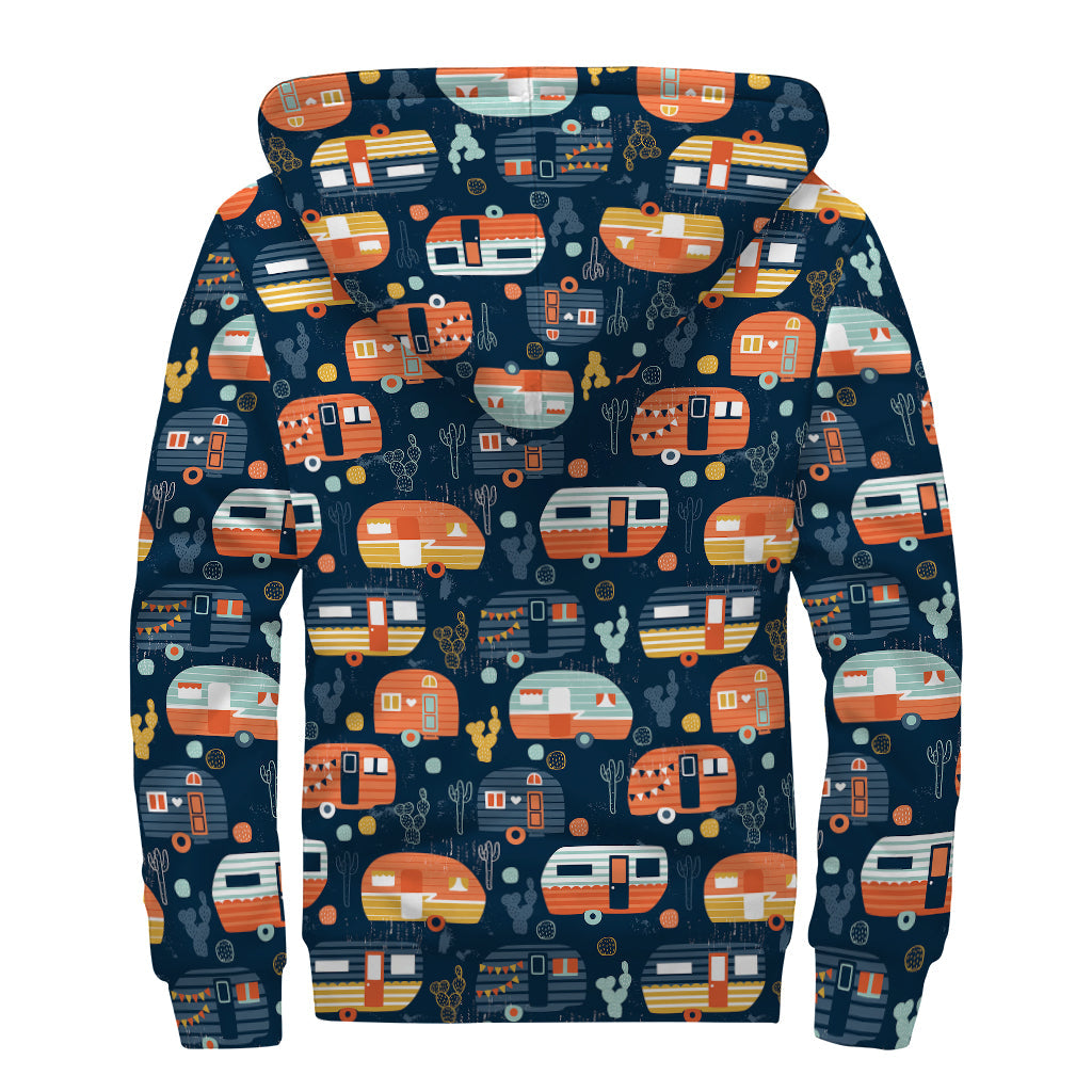 Caravan Camping Pattern Print Sherpa Lined Zip Up Hoodie: Embrace Your Inner Hippie Style - 2