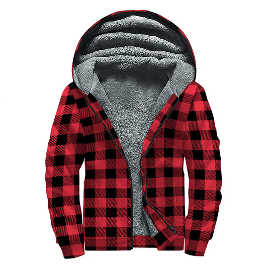 Cardinal Red Buffalo Check Sherpa Lined Zip Up Hoodie for Boho Chic Hippies - 1