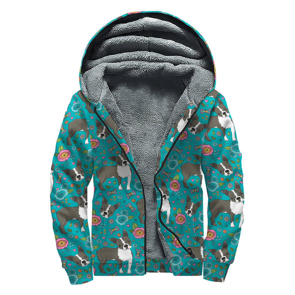 Groovy Boston Terrier Flower Power Sherpa Lined Zip Up Hoodie - 1