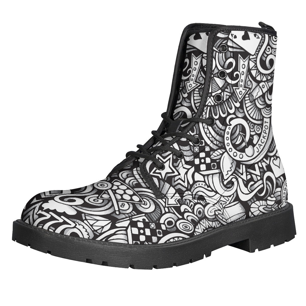 Groovy Good Vibes: Cartoon Casino Card Pattern Print Leather Boots - 1