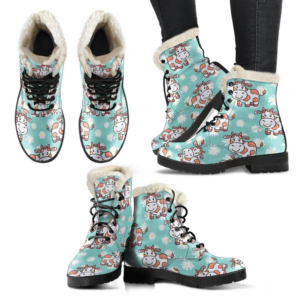 Dreamy Daisy and Cow Print Faux Fur Leather Boots for Free-Spirited Hippies - 2