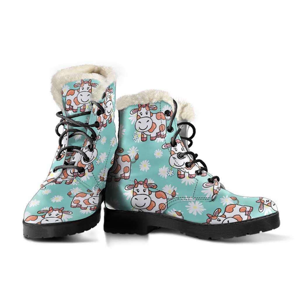 Dreamy Daisy and Cow Print Faux Fur Leather Boots for Free-Spirited Hippies - 3