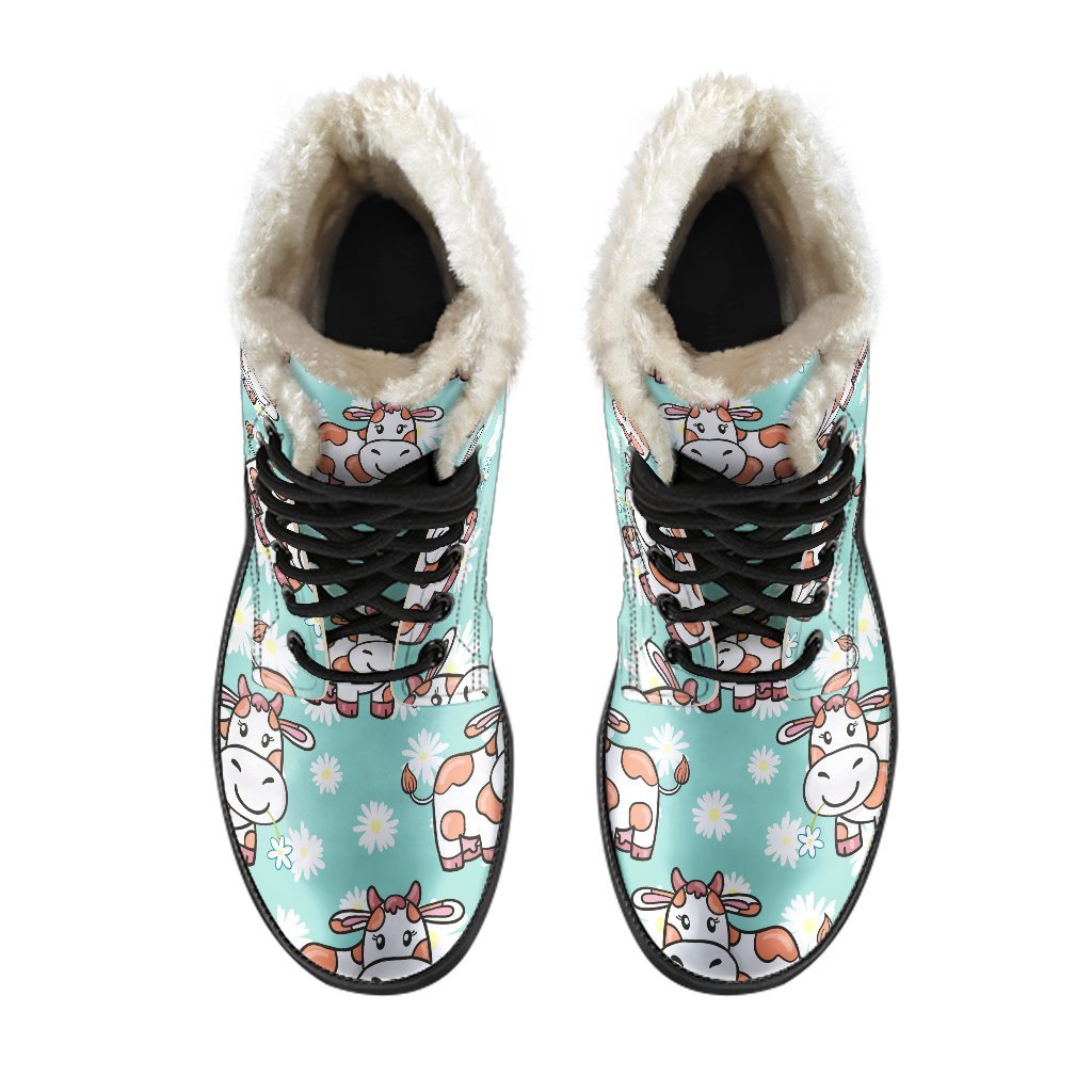 Dreamy Daisy and Cow Print Faux Fur Leather Boots for Free-Spirited Hippies - 4