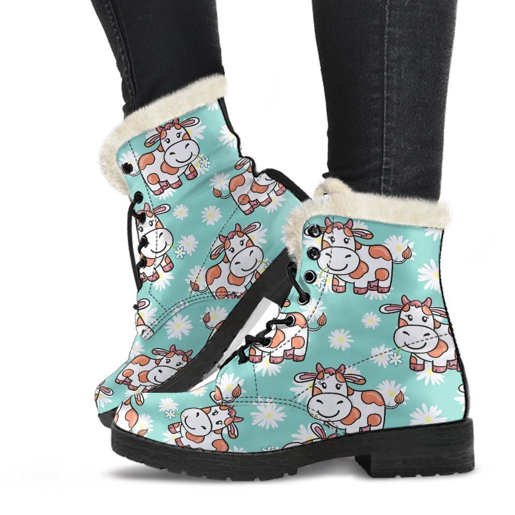 Dreamy Daisy and Cow Print Faux Fur Leather Boots for Free-Spirited Hippies - 1