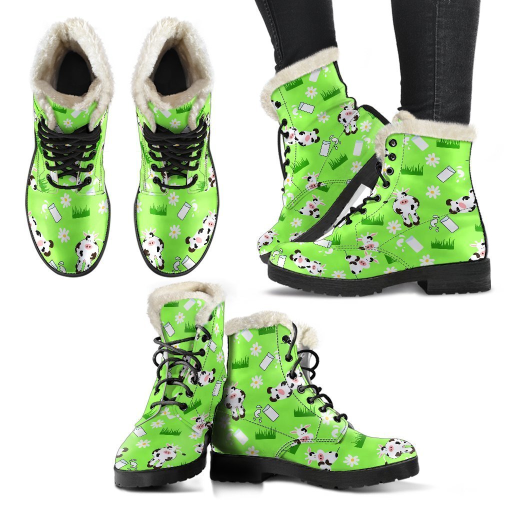 Groovy Vibes: Cartoon Daisy and Cow Pattern Faux Fur Leather Boots for the Free-Spirited Hippie - 2