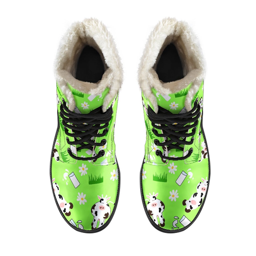 Groovy Vibes: Cartoon Daisy and Cow Pattern Faux Fur Leather Boots for the Free-Spirited Hippie - 4